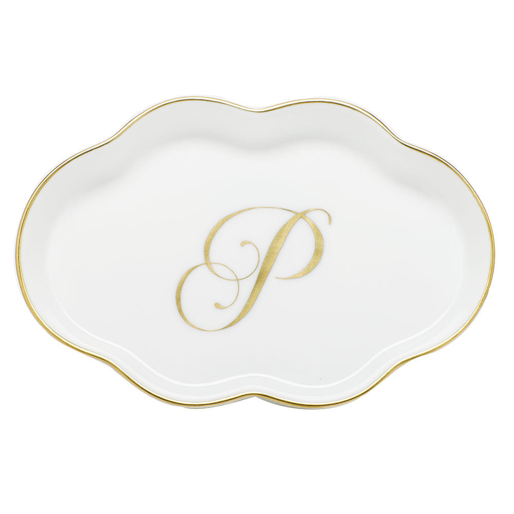 Hand-painted Herend Scalloped Tray with Monogram Decorative Plate in fine porcelain, 5.5in L, on a white background, Monogram P