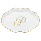 Hand-painted Herend Scalloped Tray with Monogram Decorative Plate in fine porcelain, 5.5in L, on a white background, Monogram P