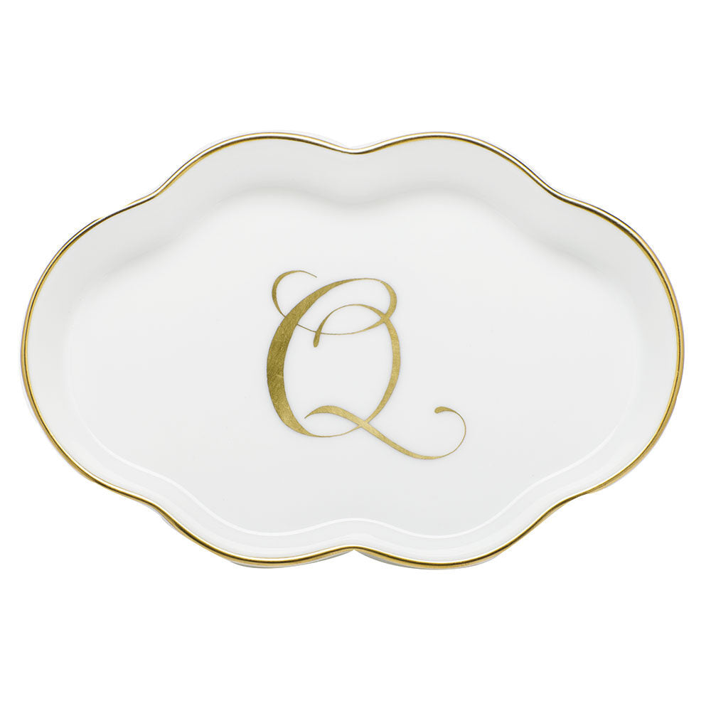 Hand-painted Herend Scalloped Tray with Monogram Decorative Plate in fine porcelain, 5.5in L, on a white background, Monogram Q