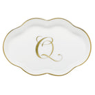 Hand-painted Herend Scalloped Tray with Monogram Decorative Plate in fine porcelain, 5.5in L, on a white background, Monogram Q