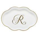Hand-painted Herend Scalloped Tray with Monogram Decorative Plate in fine porcelain, 5.5in L, on a white background, Monogram R