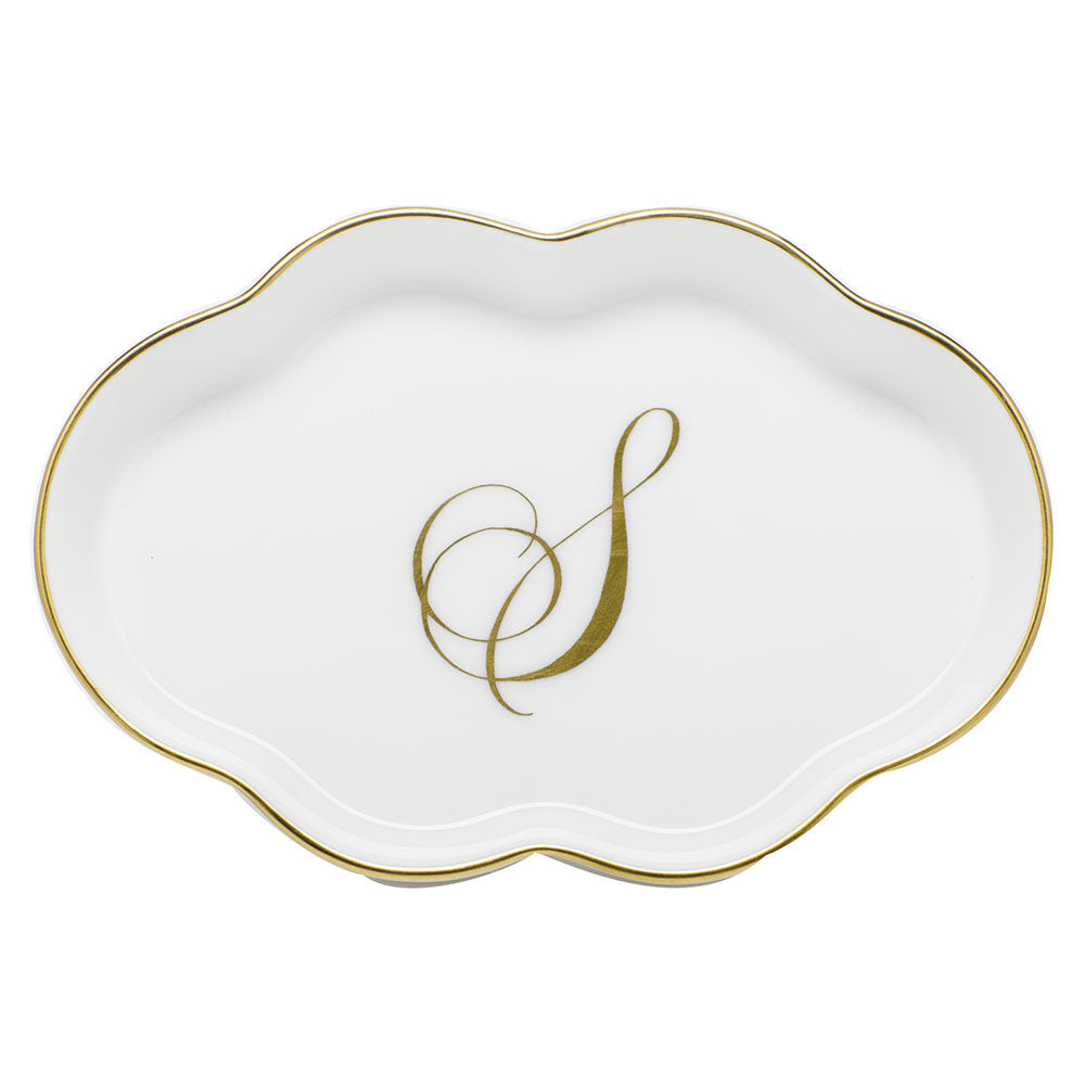 Hand-painted Herend Scalloped Tray with Monogram Decorative Plate in fine porcelain, 5.5in L, on a white background, Monogram S