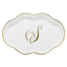 Hand-painted Herend Scalloped Tray with Monogram Decorative Plate in fine porcelain, 5.5in L, on a white background, Monogram S