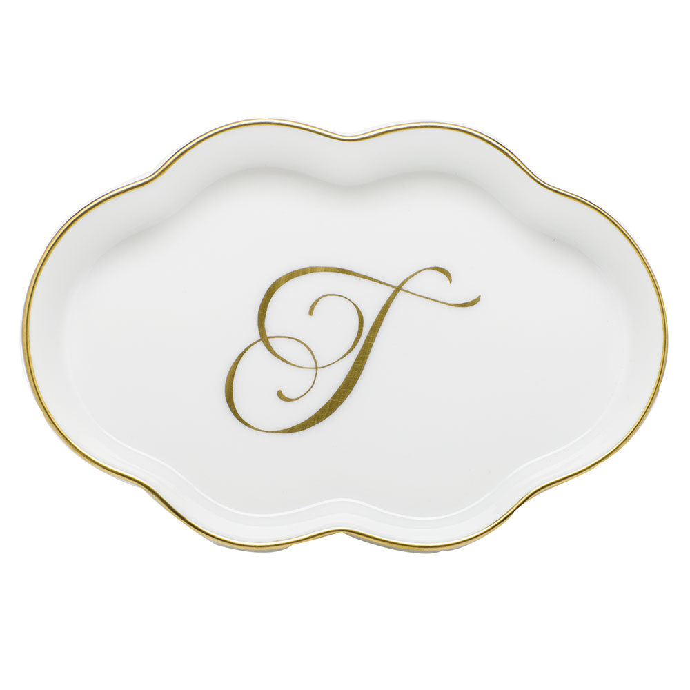 Hand-painted Herend Scalloped Tray with Monogram Decorative Plate in fine porcelain, 5.5in L, on a white background, Monogram T