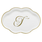 Hand-painted Herend Scalloped Tray with Monogram Decorative Plate in fine porcelain, 5.5in L, on a white background, Monogram T