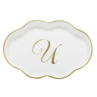 Hand-painted Herend Scalloped Tray with Monogram Decorative Plate in fine porcelain, 5.5in L, on a white background, Monogram U