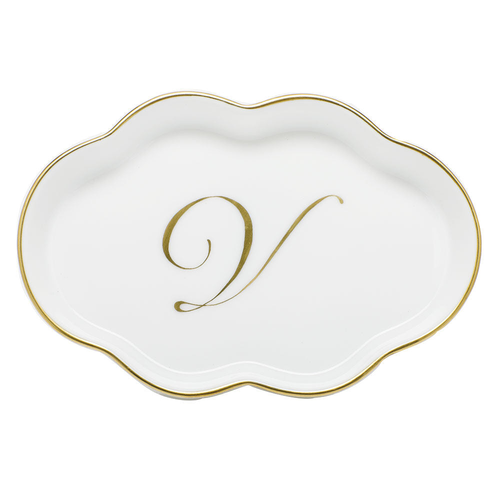 Hand-painted Herend Scalloped Tray with Monogram Decorative Plate in fine porcelain, 5.5in L, on a white background, Monogram V