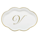 Hand-painted Herend Scalloped Tray with Monogram Decorative Plate in fine porcelain, 5.5in L, on a white background, Monogram V