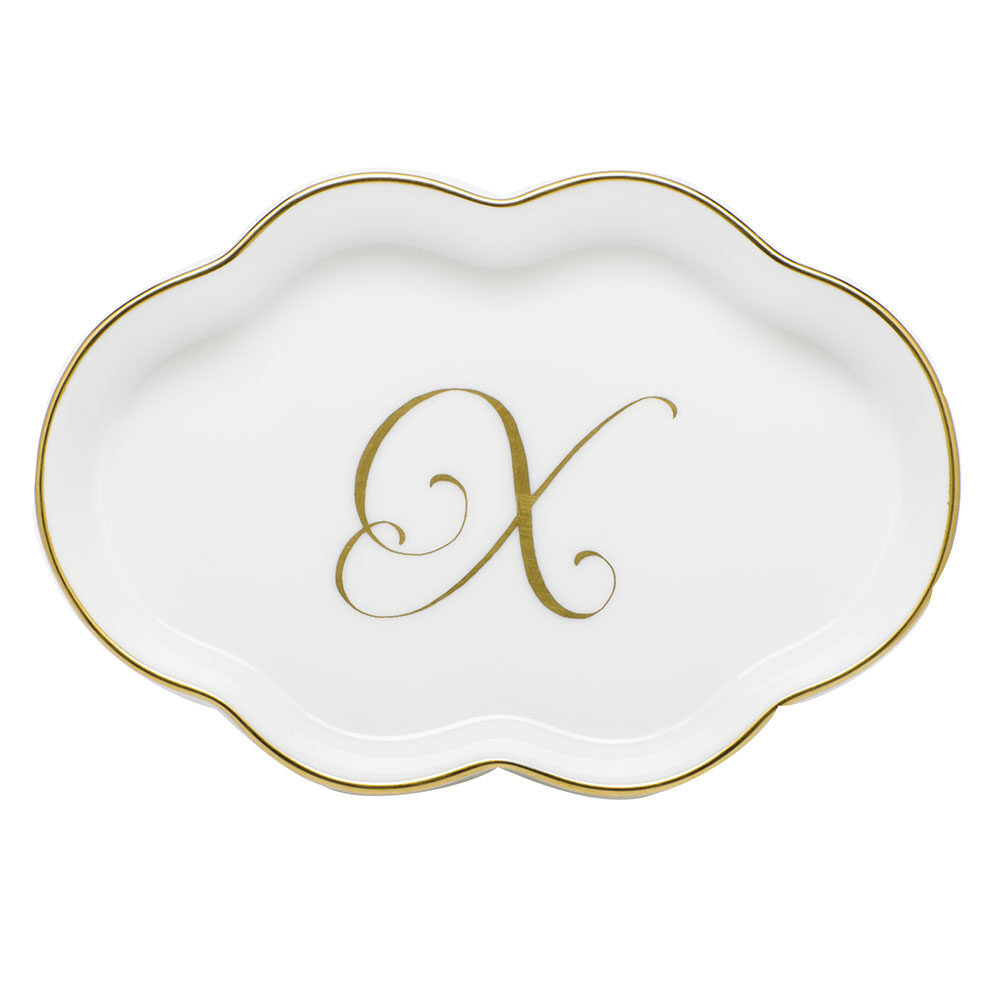 Hand-painted Herend Scalloped Tray with Monogram Decorative Plate in fine porcelain, 5.5in L, on a white background, Monogram X