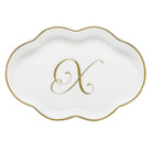 Hand-painted Herend Scalloped Tray with Monogram Decorative Plate in fine porcelain, 5.5in L, on a white background, Monogram X