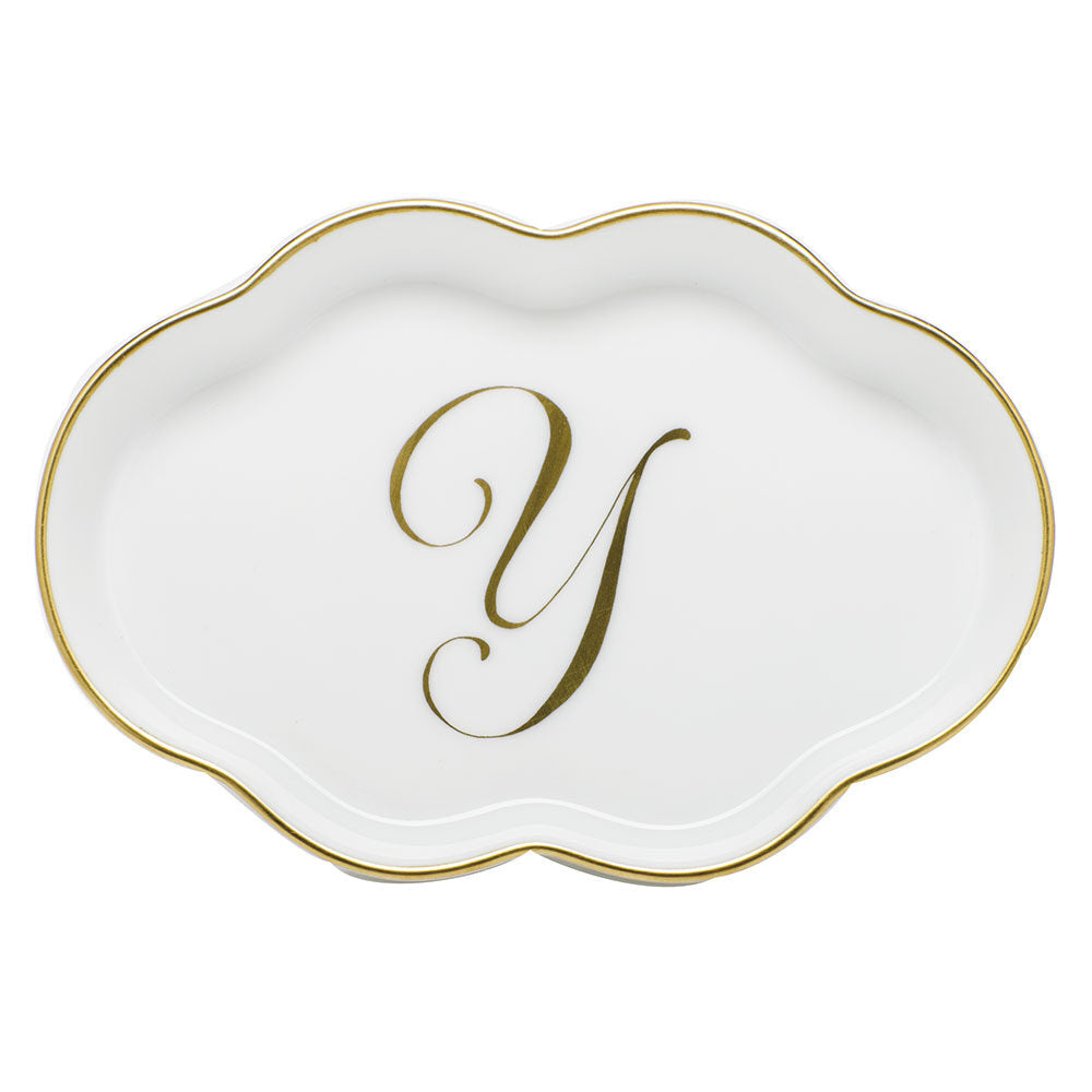 Hand-painted Herend Scalloped Tray with Monogram Decorative Plate in fine porcelain, 5.5in L, on a white background, Monogram Y