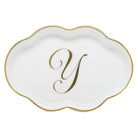 Hand-painted Herend Scalloped Tray with Monogram Decorative Plate in fine porcelain, 5.5in L, on a white background, Monogram Y