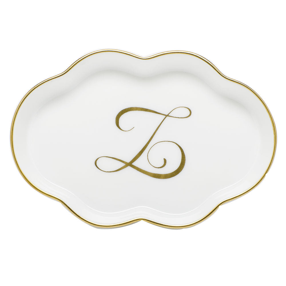 Hand-painted Herend Scalloped Tray with Monogram Decorative Plate in fine porcelain, 5.5in L, on a white background, Monogram Z