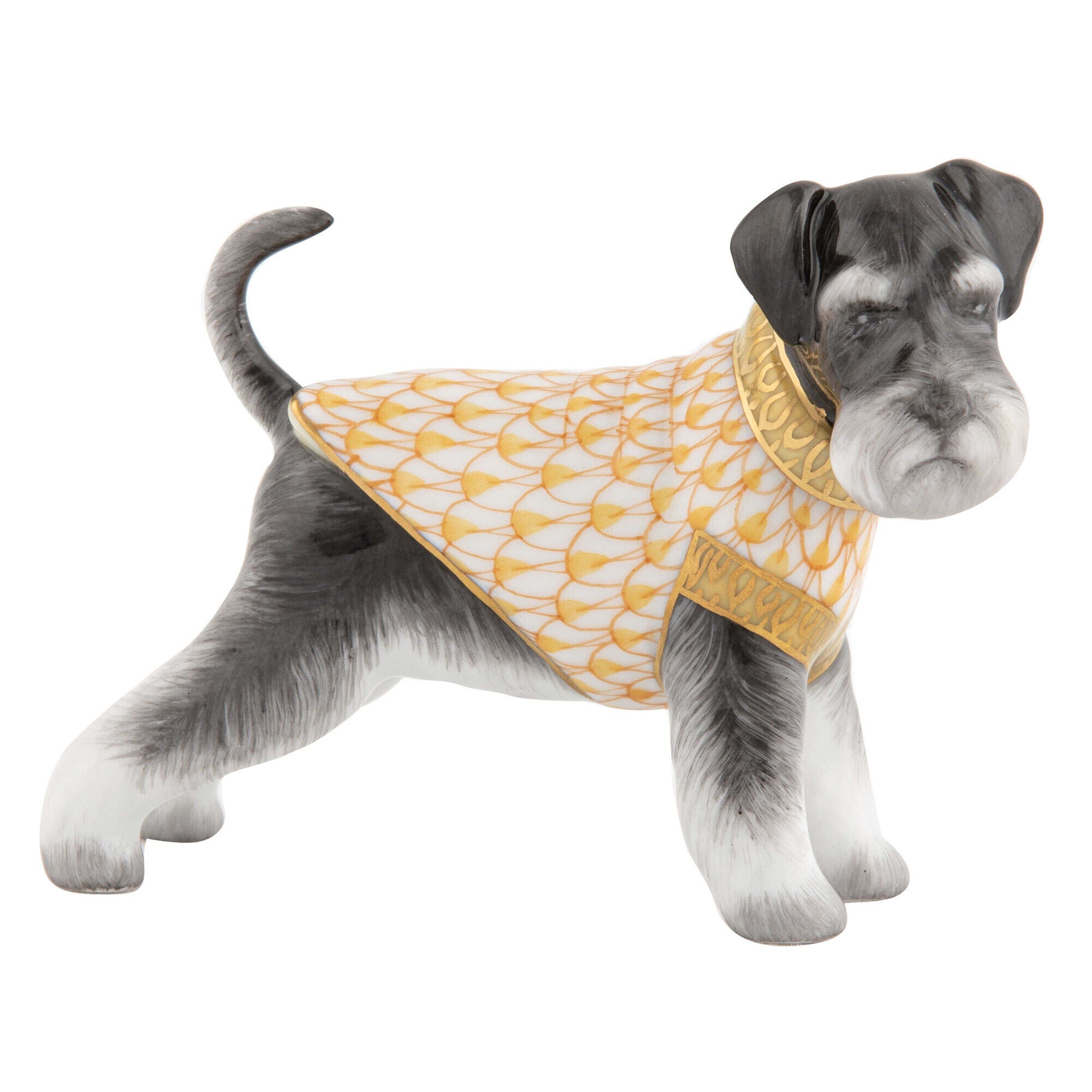 Hand-painted Herend Schnauzer Figurine in Butterscotch fishnet porcelain on a white background