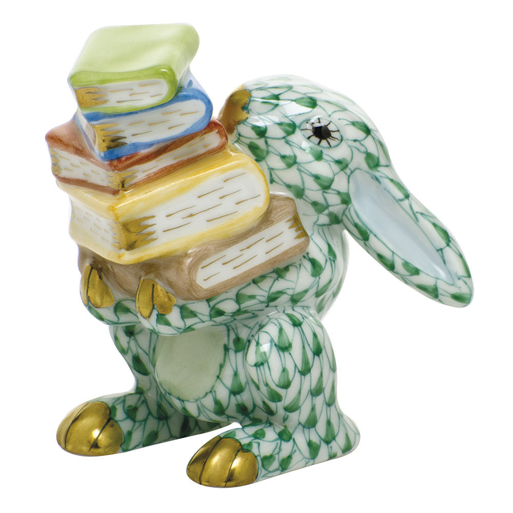 Hand-painted Herend Scholarly Bunny Figurine in Green fishnet porcelain on a white background