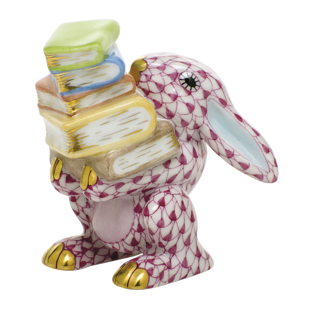 Scholarly Bunny Figurine in hand-painted Raspberry porcelain by Herend of Hungary