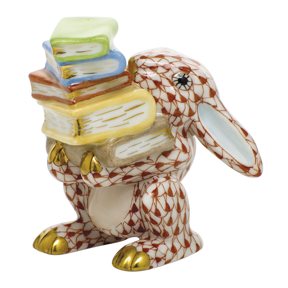 Hand-painted Herend Scholarly Bunny Figurine in Rust fishnet porcelain on a white background