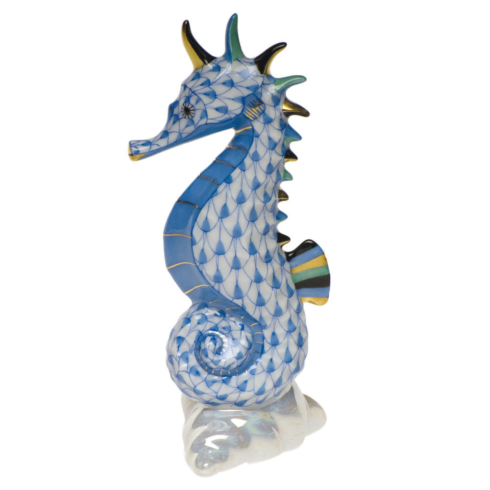 Hand-painted Herend Sea Horse Figurine in Blue fishnet porcelain on a white background