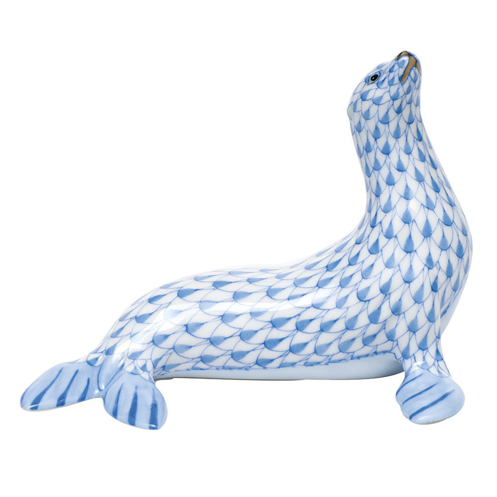Herend Sea Lion Figurine porcelain figurine painted in the Blue fishnet pattern