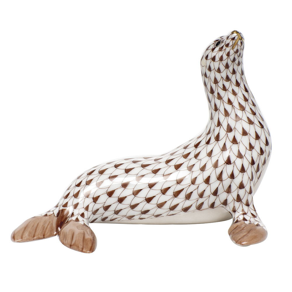 Chocolate fishnet Sea Lion Figurine figurine, hand-painted Herend porcelain with 24k gold accents