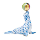 Hand-painted Herend Sea Lion with Ball Figurine in Blue fishnet porcelain on a white background