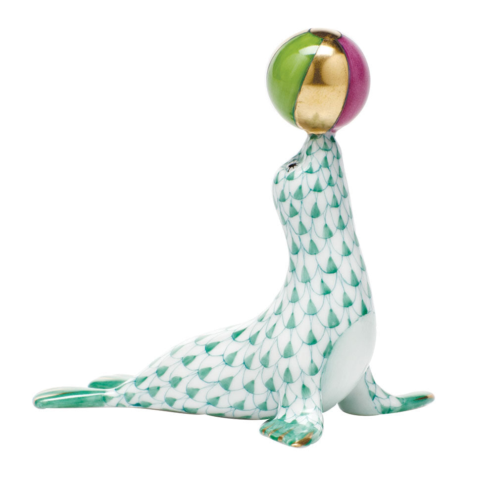 Green fishnet Sea Lion with Ball Figurine figurine, hand-painted Herend porcelain with 24k gold accents