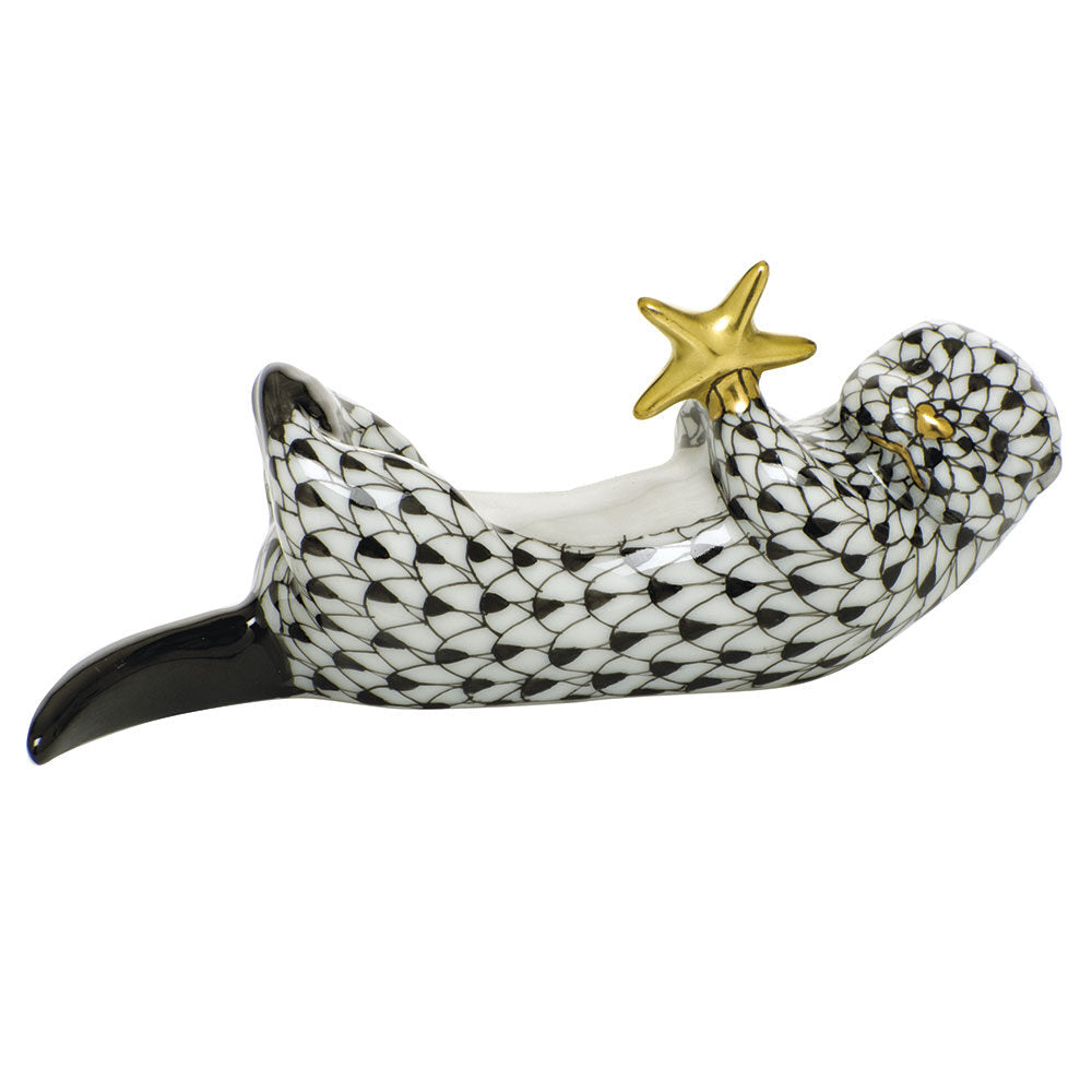 Sea Otter with Starfish Figurine in hand-painted Black porcelain by Herend of Hungary