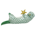 Hand-painted Herend Sea Otter with Starfish Figurine in Green fishnet porcelain on a white background