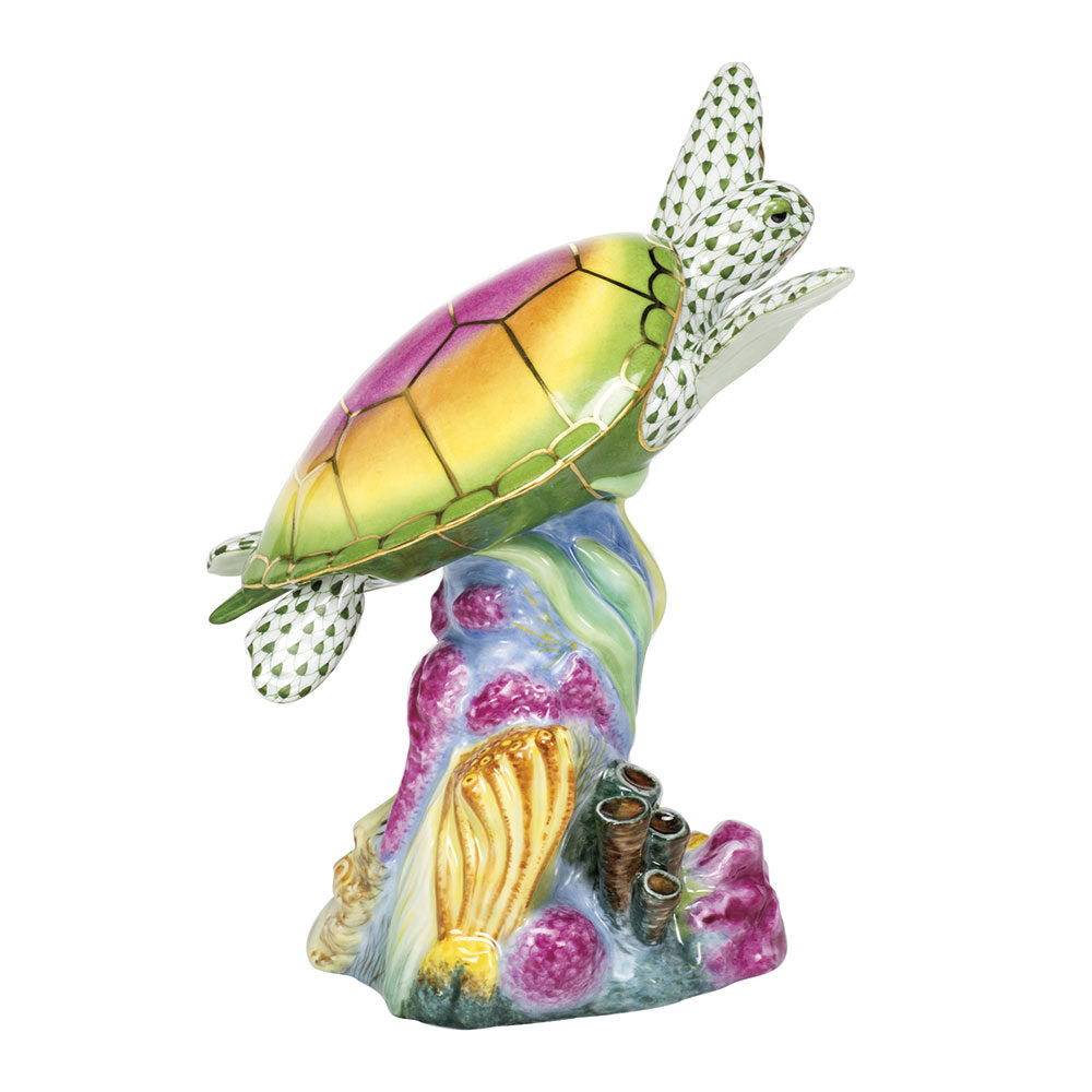 Hand-painted Herend Sea Turtle with Coral Figurine in fine porcelain, 6in L X 6.5in H, on a white background