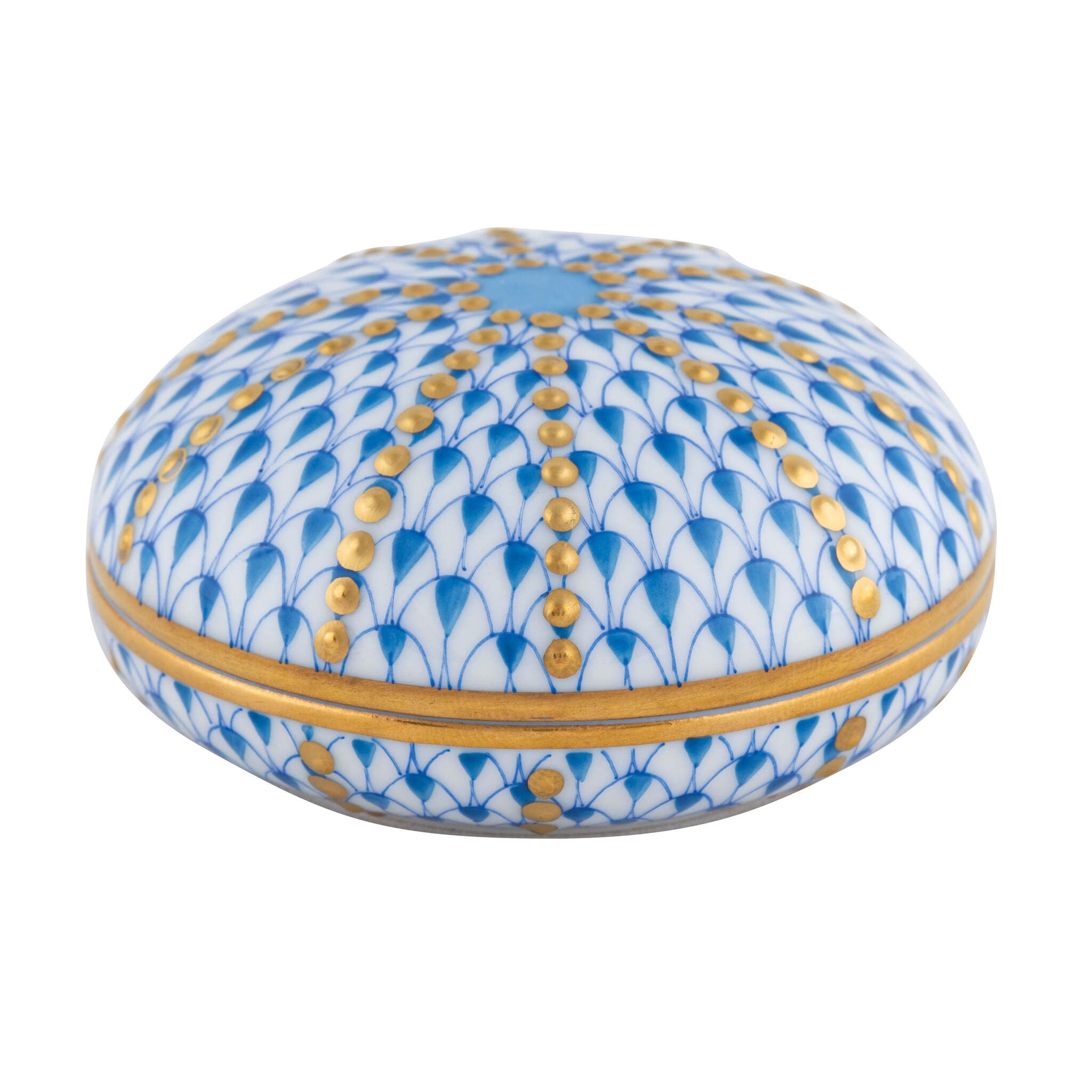 Hand-painted Herend Sea Urchin Box in Blue fishnet porcelain on a white background