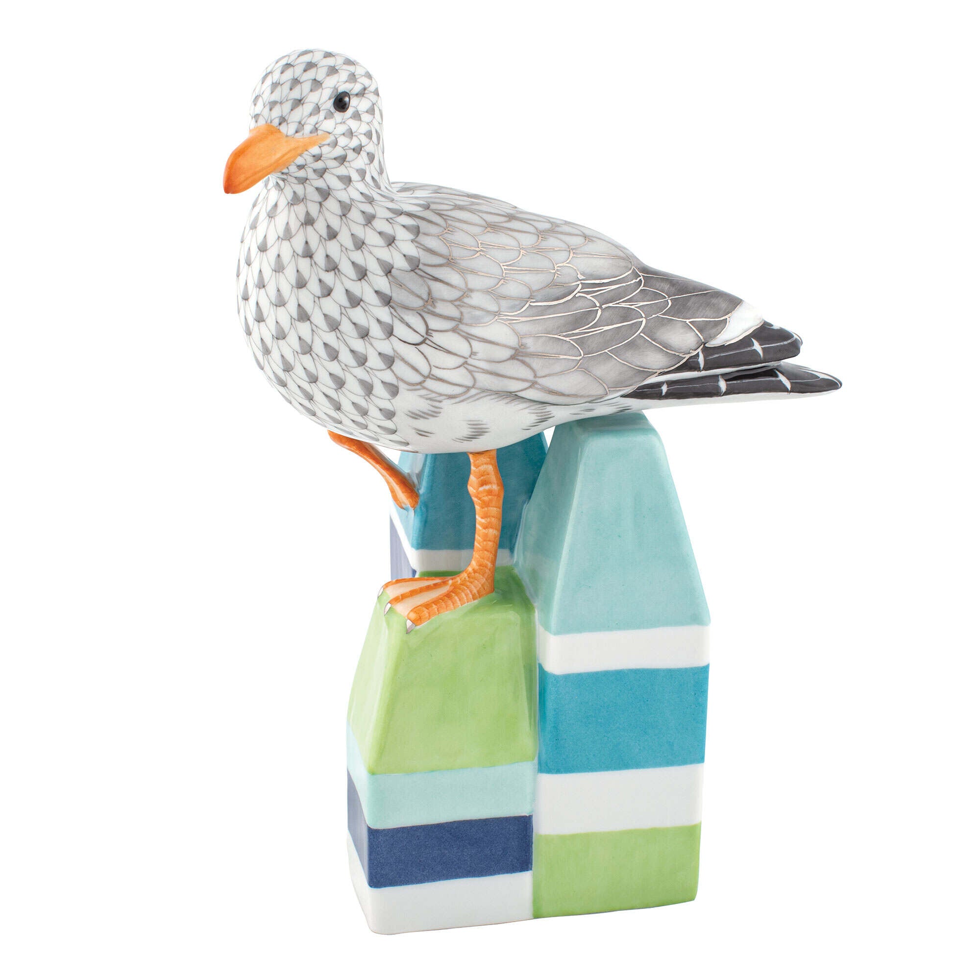 Hand-painted Herend Seagull on Lobster Buoys Figurine in fine porcelain, 6in L X 3.75in W X 8.75in H, on a white background