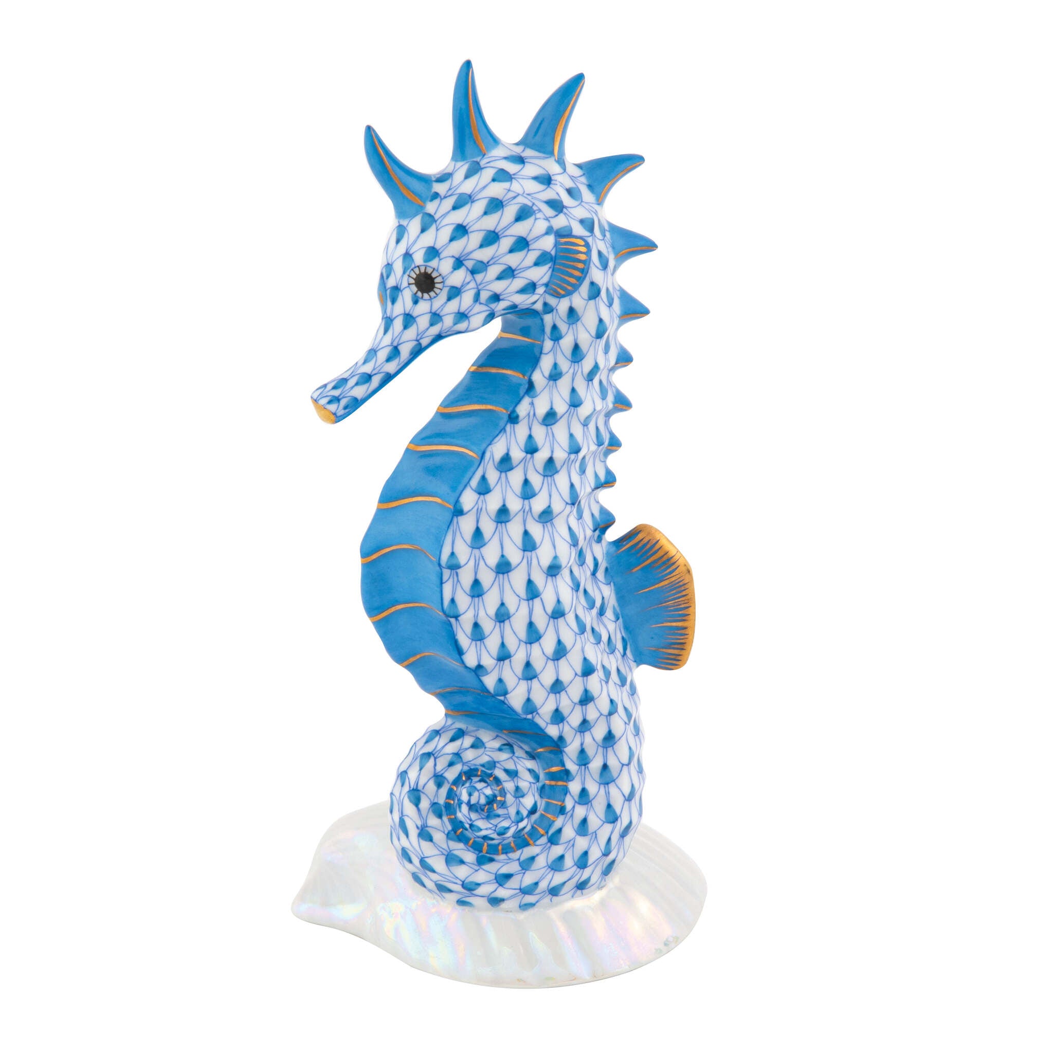 Seahorse on Scallop Shell Figurine in hand-painted Blue porcelain by Herend of Hungary