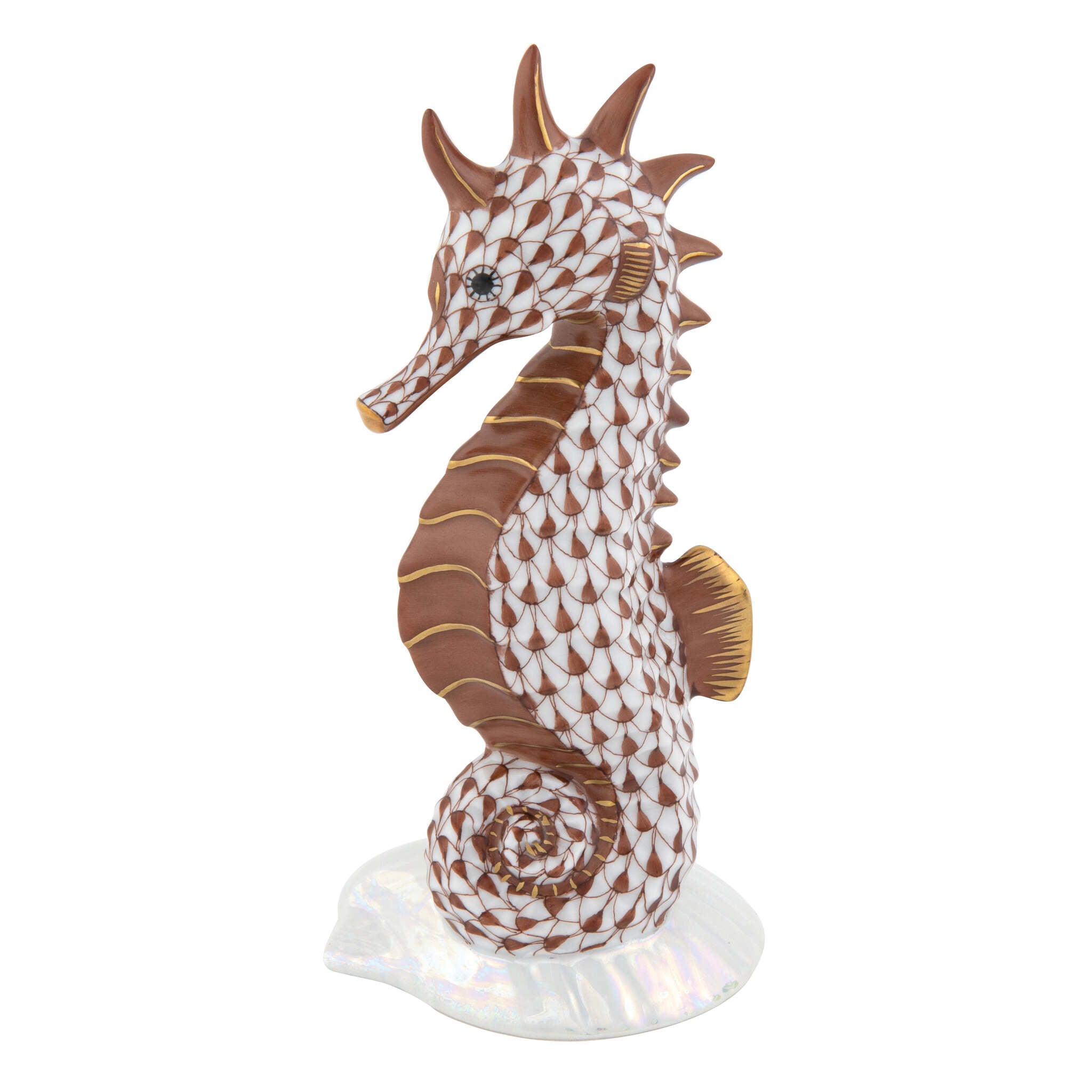Chocolate fishnet Seahorse on Scallop Shell Figurine figurine, hand-painted Herend porcelain with 24k gold accents