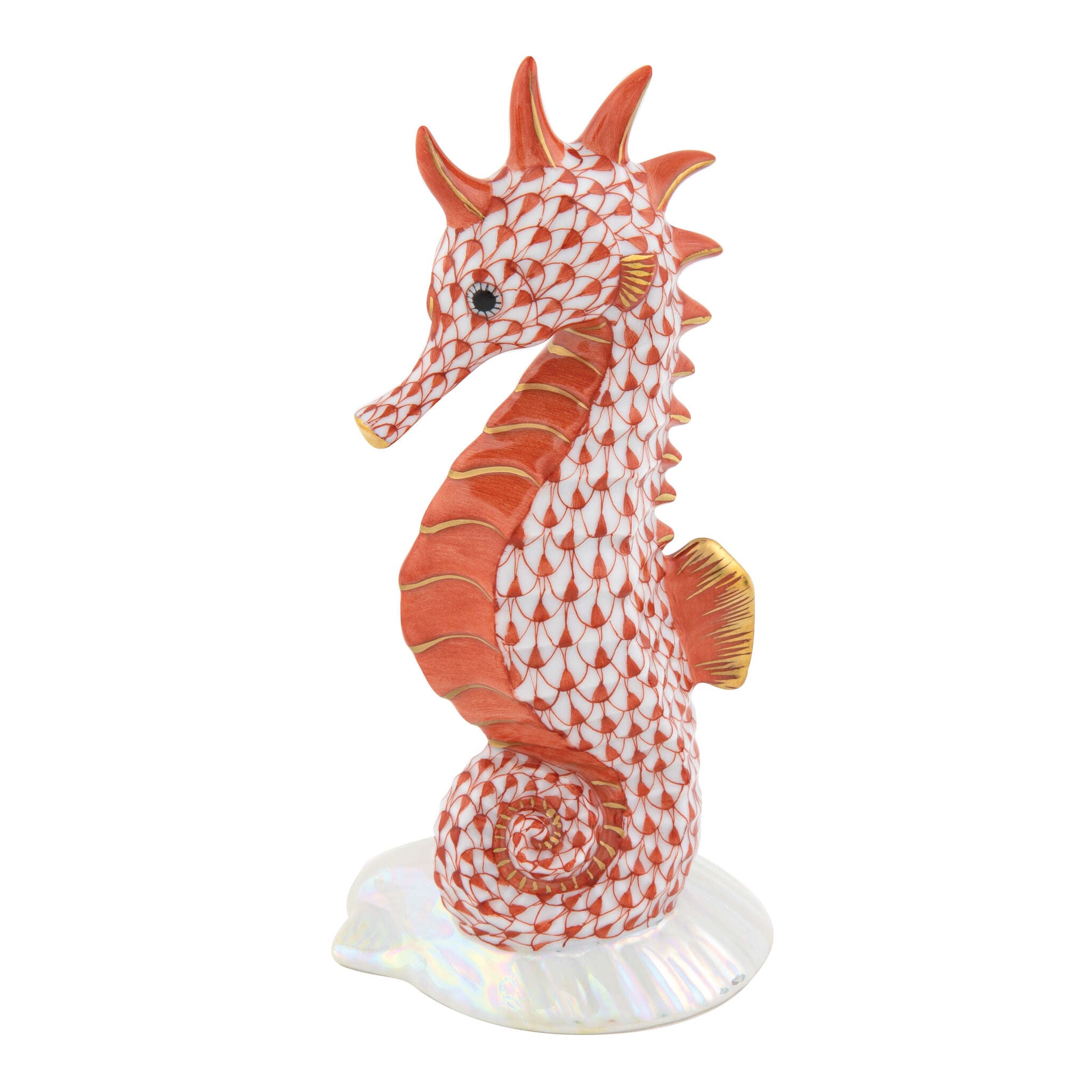 Seahorse on Scallop Shell Figurine in hand-painted Rust porcelain by Herend of Hungary