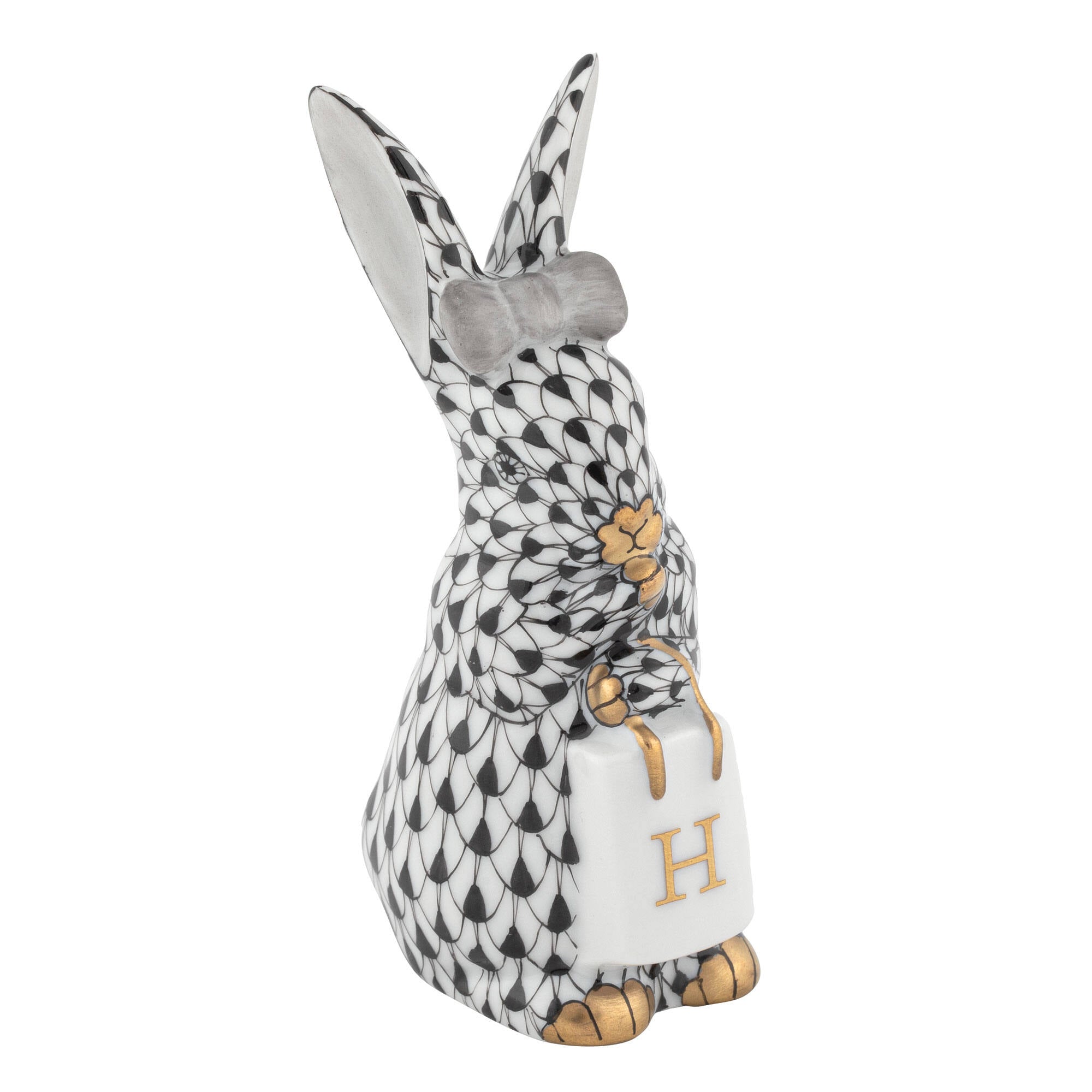Shopping Bunny Figurine in hand-painted Black porcelain by Herend of Hungary