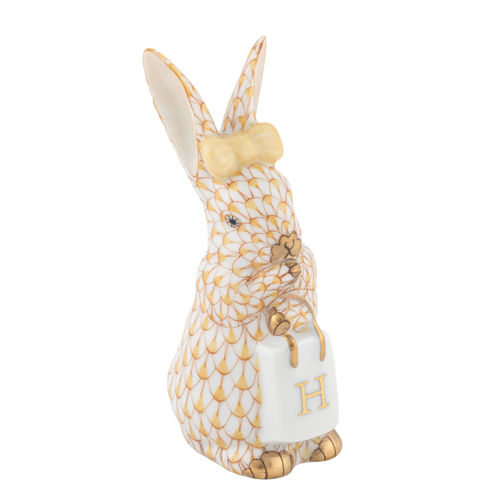 Butterscotch fishnet Shopping Bunny Figurine figurine, hand-painted Herend porcelain with 24k gold accents