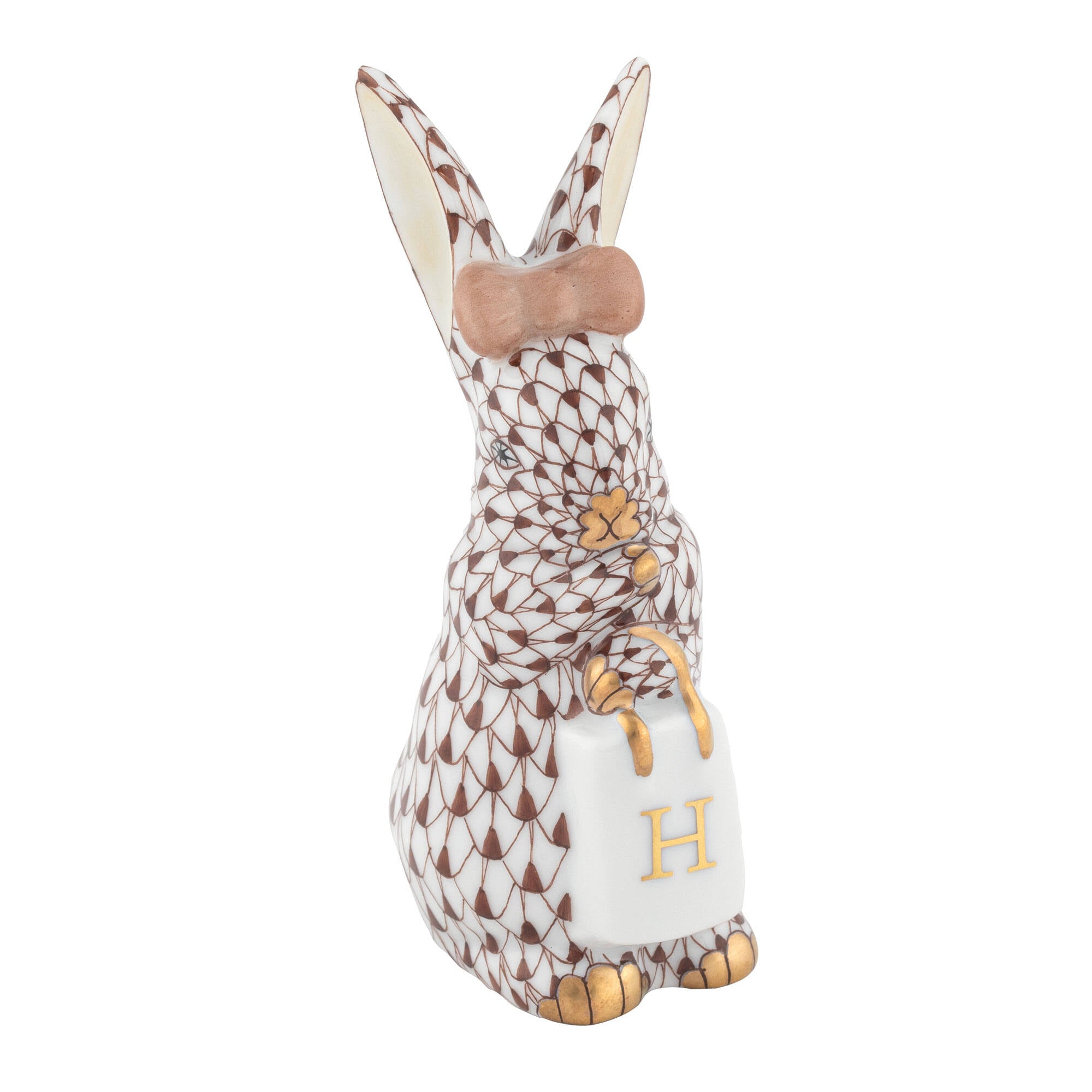 Shopping Bunny Figurine in hand-painted Chocolate porcelain by Herend of Hungary