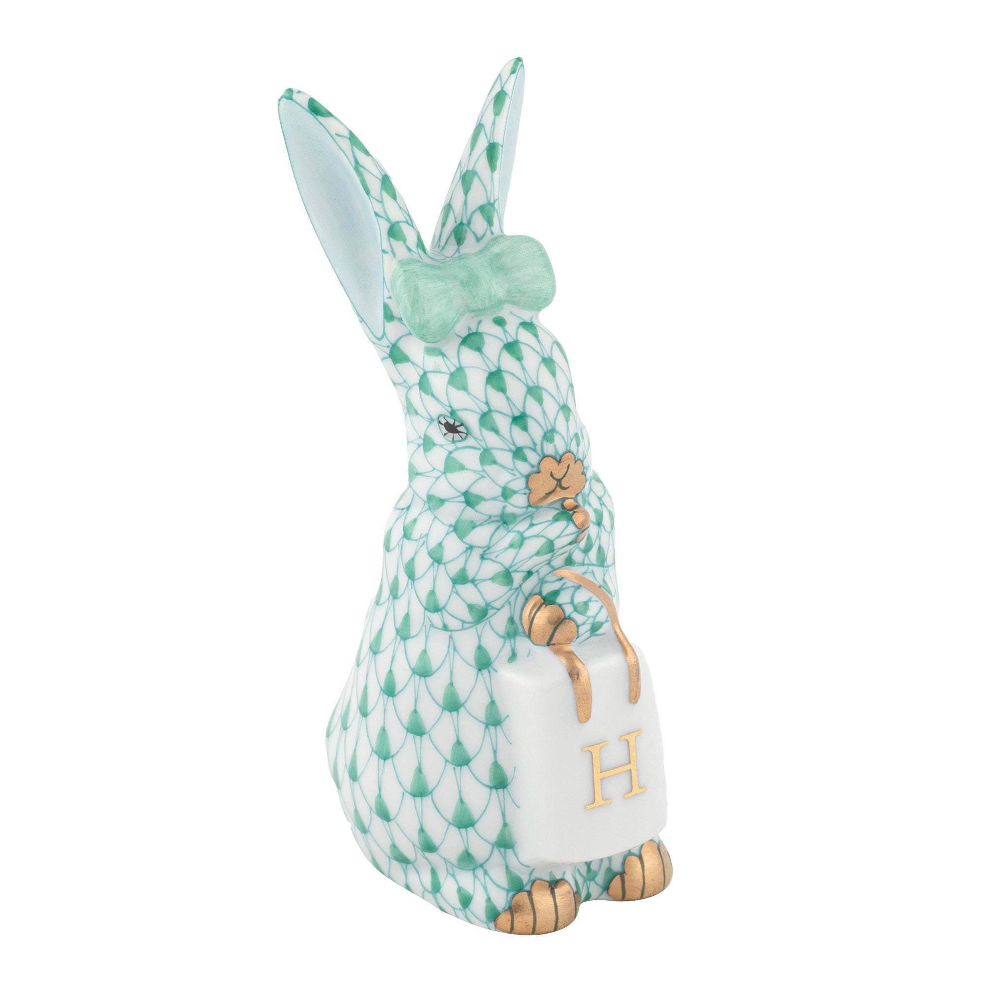 Green fishnet Shopping Bunny Figurine figurine, hand-painted Herend porcelain with 24k gold accents