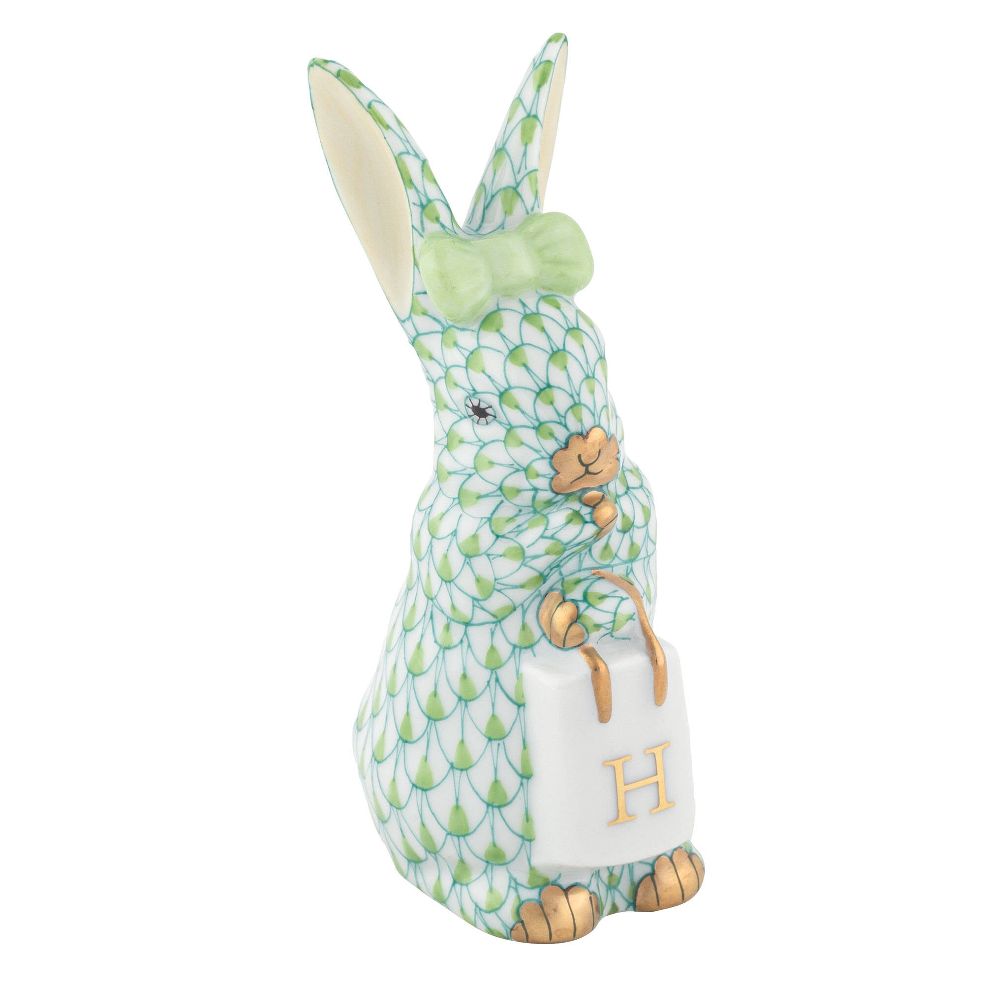 Herend Shopping Bunny Figurine porcelain figurine painted in the Key Lime fishnet pattern