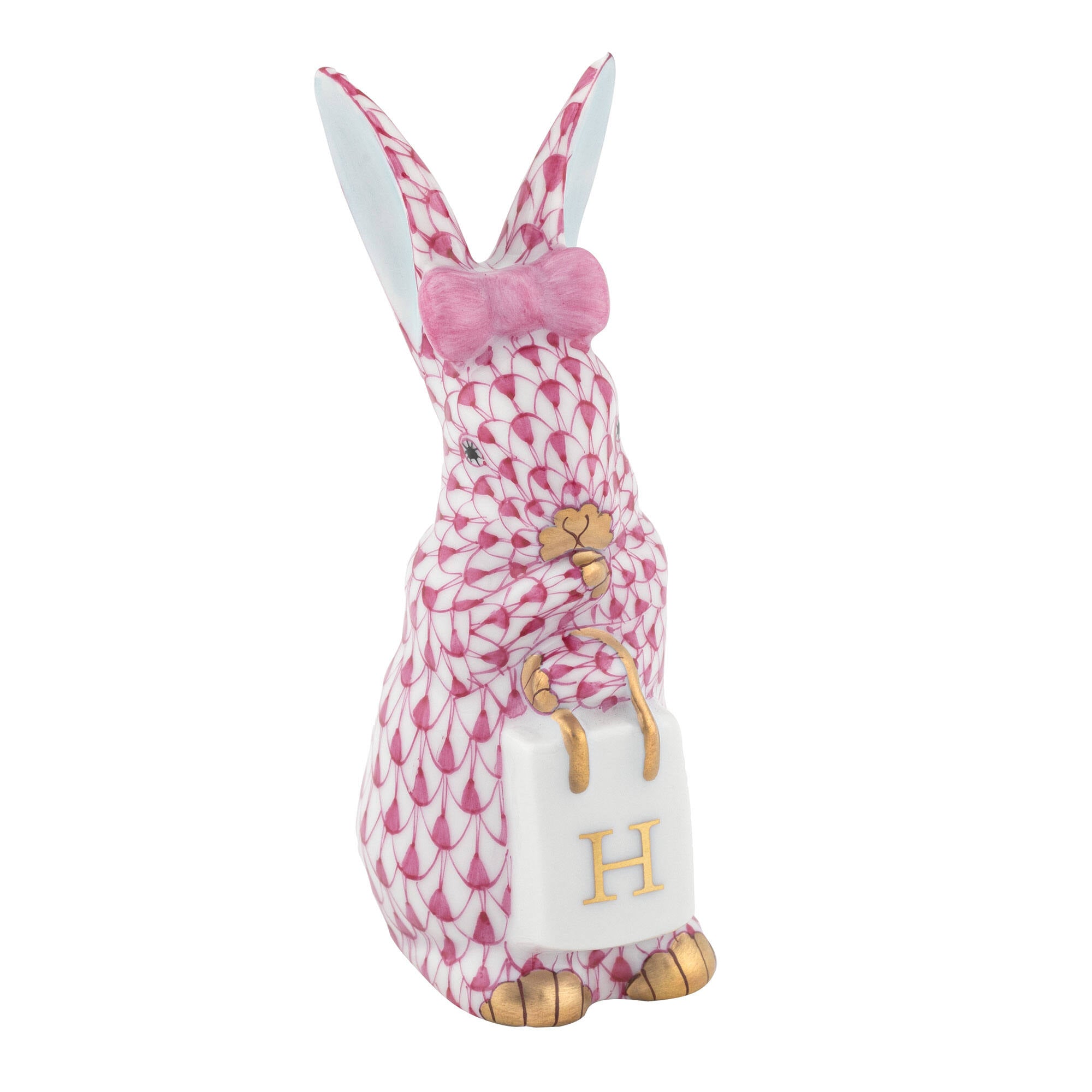 Raspberry fishnet Shopping Bunny Figurine figurine, hand-painted Herend porcelain with 24k gold accents