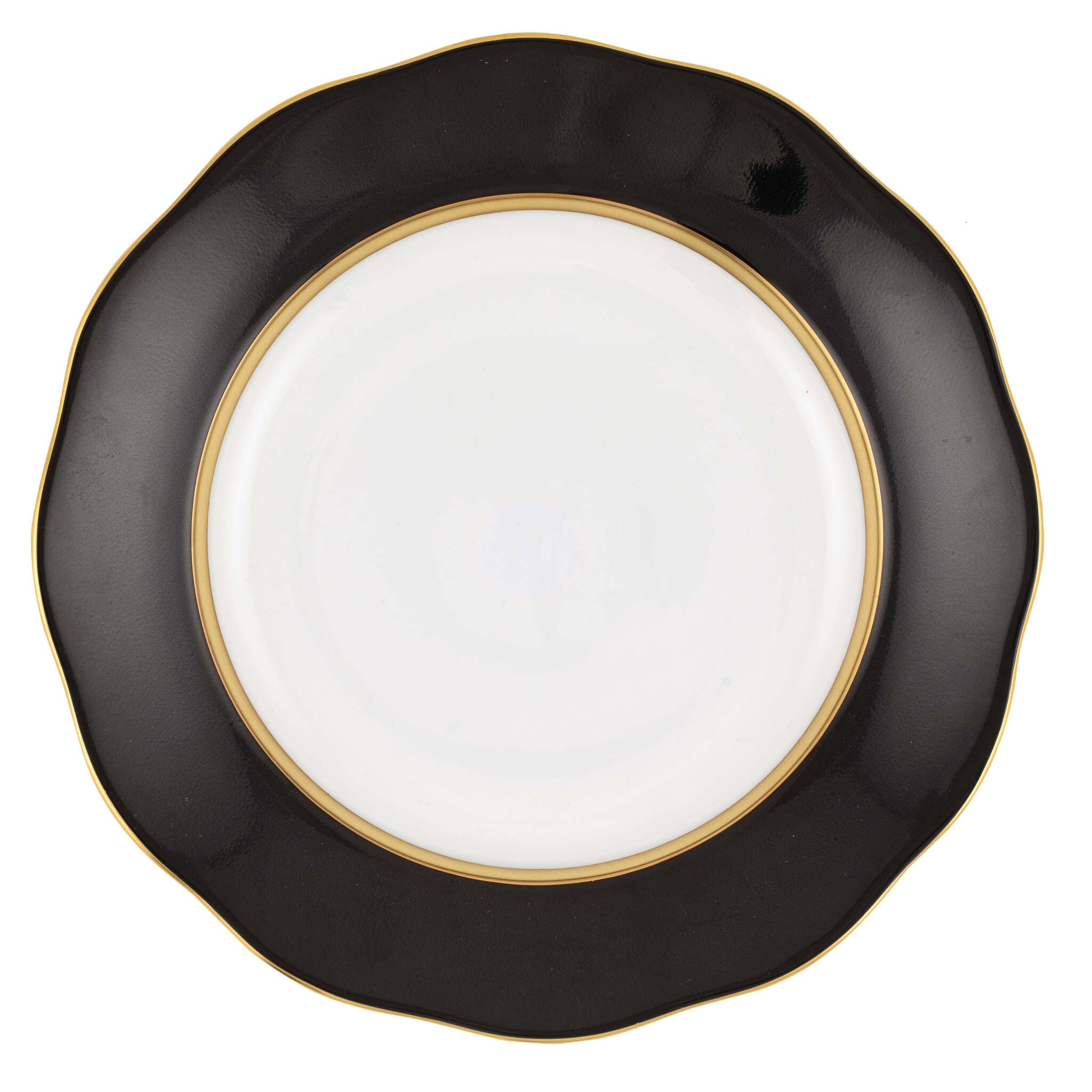 Hand-painted Herend Silk Ribbon - Black Dessert Plate in fine porcelain, 8.25in D, on a white background