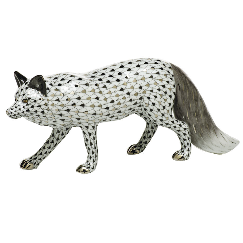 Hand-painted Herend Silver Fox Figurine in fine porcelain, 9.25in L X 3.75in H, on a white background