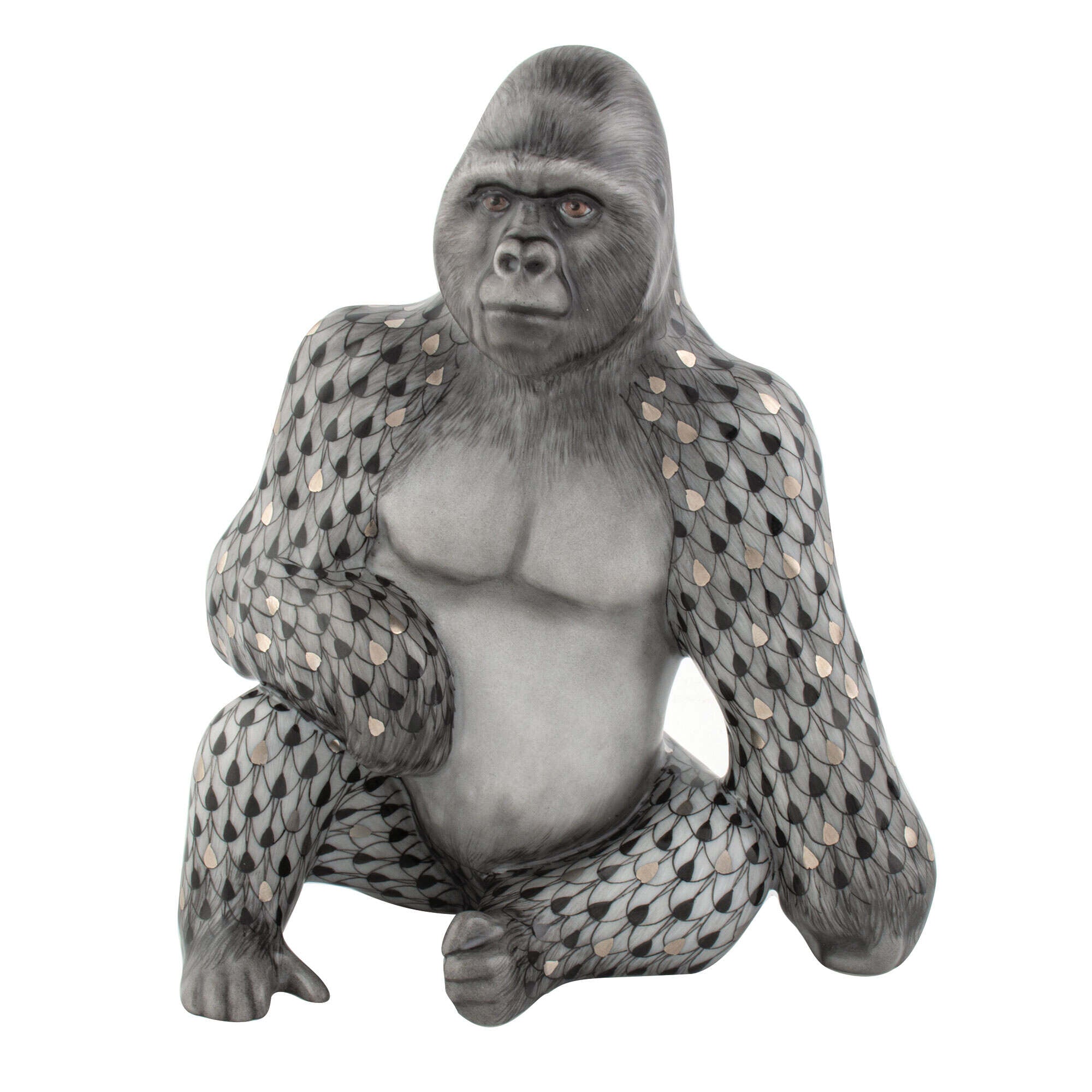 Hand-painted Herend Silverback Gorilla Figurine in fine porcelain, 3in L X 4.75in W X 5.75in H, on a white background