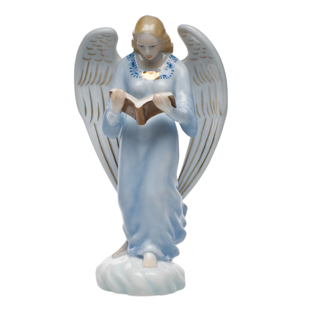 Hand-painted Herend Singing Angel Figurine in fine porcelain, 2.75in L X 7.5in H, on a white background