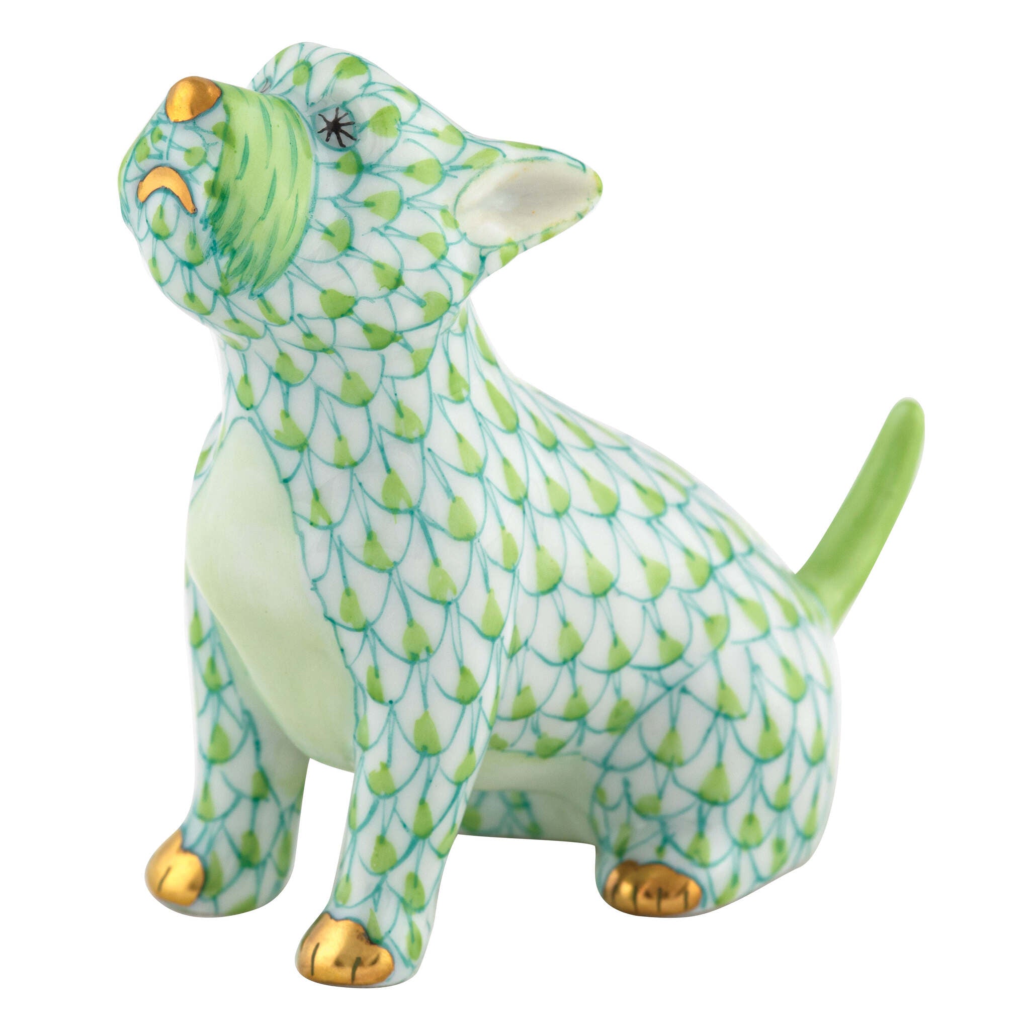 Hand-painted Herend Singing Westie Figurine in Key Lime fishnet porcelain on a white background