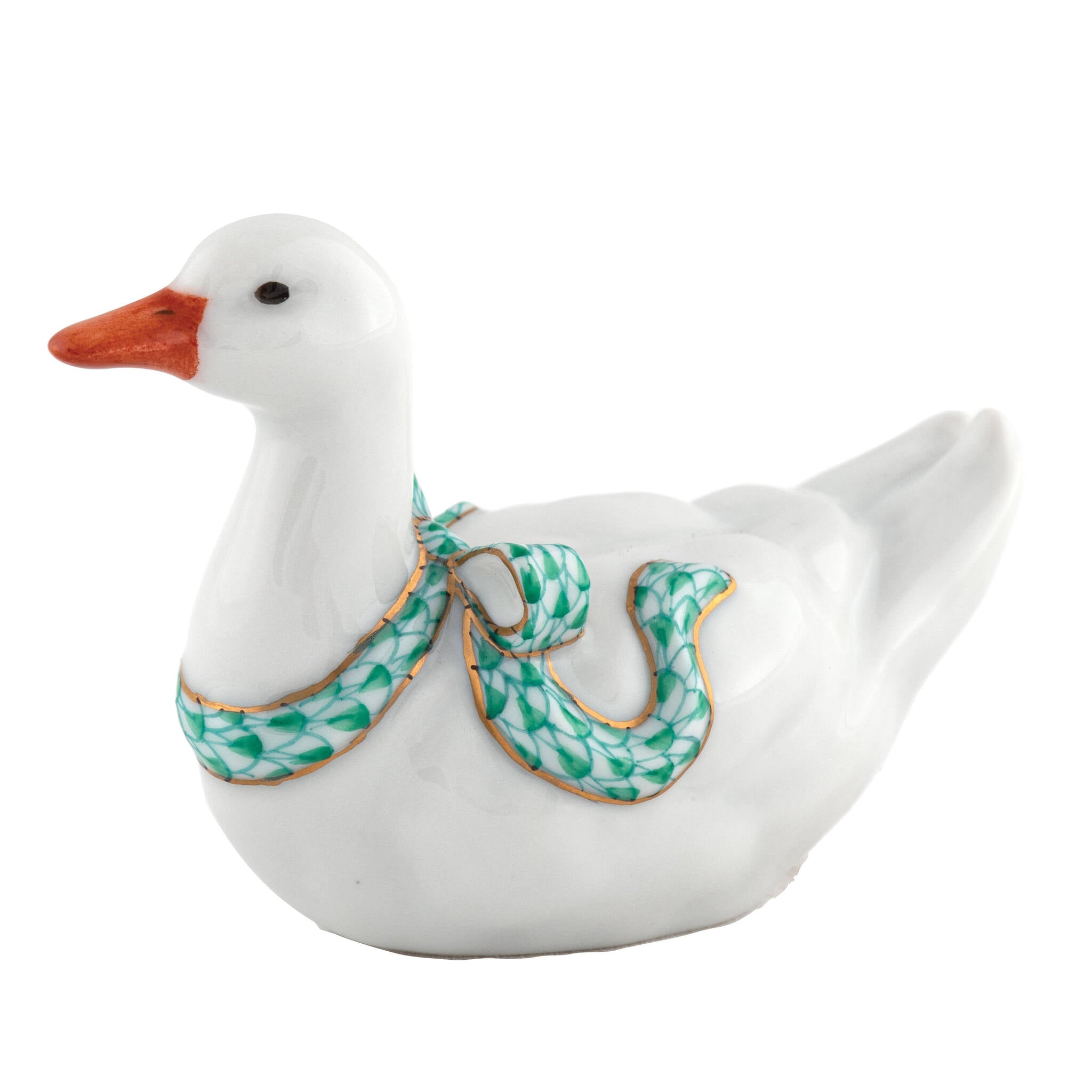 Herend Sitting Duck Figurine porcelain figurine painted in the Green fishnet pattern