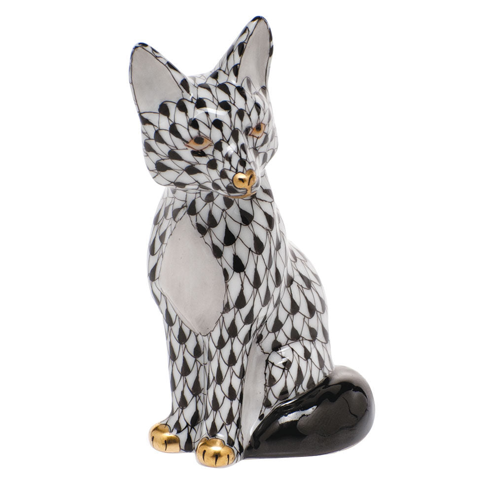 Hand-painted Herend Sitting Fox Figurine in Black fishnet porcelain on a white background