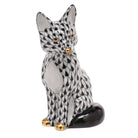 Hand-painted Herend Sitting Fox Figurine in Black fishnet porcelain on a white background