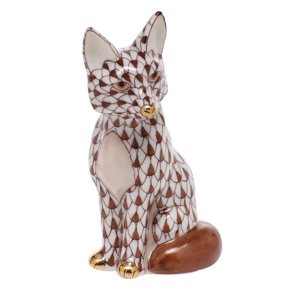 Chocolate fishnet Sitting Fox Figurine figurine, hand-painted Herend porcelain with 24k gold accents