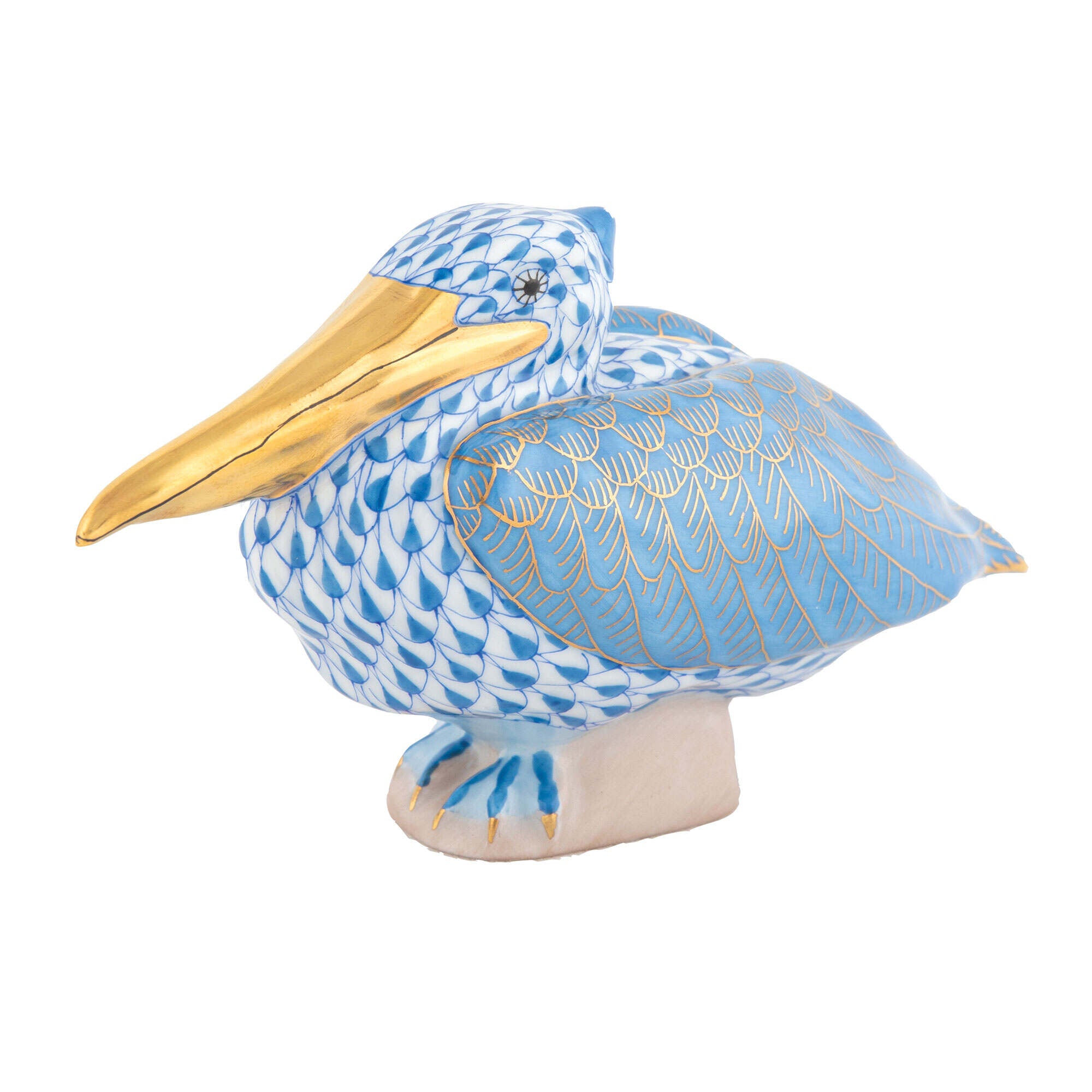 Hand-painted Herend Sitting Pelican Figurine in Blue fishnet porcelain on a white background